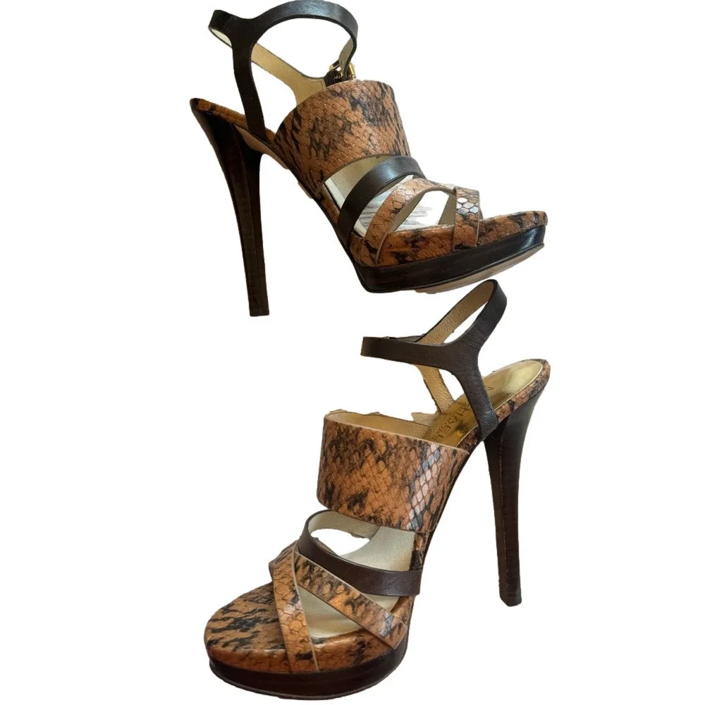 Michael Kors Nadja Platform Open Toe Heels Snakeskin Animal Print Embossed 6